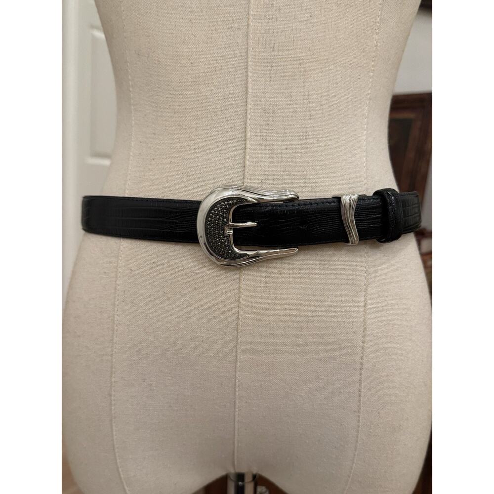 Judith Jack 1990s Black Leather Marcasite Buckle Belt MED Silvertone Western